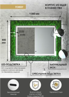 Зеркало с подсветкой Continent Forest ЗЛП366 с бесконтактным сенсором 100см декоративный мох