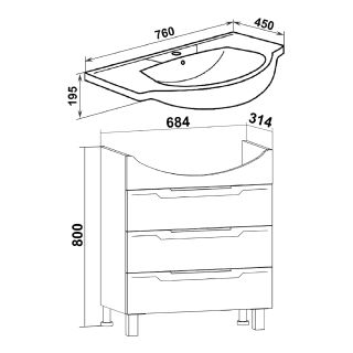 Тумба под раковину Runo  (под умывальник Элеганс 75) Верона 75 (00000001146)