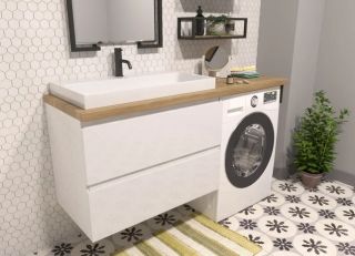 Подвесная тумба под раковину Эстет Malibu Luxe ФР-00007113 Л/П 155см два ящика белый столешница массив шпон дуба