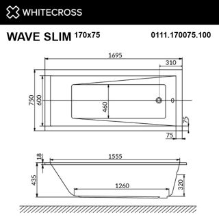 Гидромассажная ванна WHITECROSS Wave Slim 0111.170075.100.LINENANO.CR 170x75 см Line Nano хром