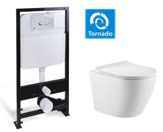 Комплект SantiLine SL-5025+SL-01 безободковый белый унитаз с сиденьем микролифт и инсталляция с клавишей смыва хром