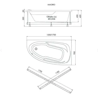 Акриловая ванна 1ACReal Мадрид Щ0000045645 левая обрезанная 170x95 см белый