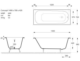 Ванна чугунная Vinsent Veron Concept VCO1407042 140x70см без отверстий для ручек