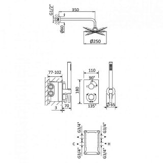 Душевая система Cezares LEAF-DSIP-T-25-SS золото