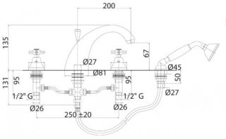 Смеситель на борт ванны с ручным выдвижным душем, золото Cezares LORD-BVD-03/24-Bi