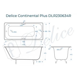 Ванна чугунная Delice Continental PLUS DLR230634R с отверстиями под ручки 170х70 см