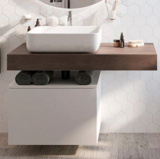 Столешница STWORKI Ольборг 100 дуб карпентер, без отверстий, с тумбой 60, с раковиной STWORKI Soul 1 белой