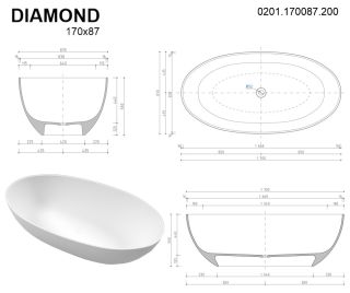 Ванна из искусственного камня Whitecross Diamond 0201.170087.200 170x87см белый матовый